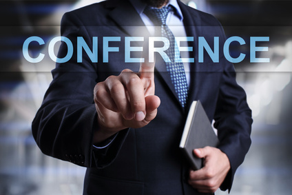 Businessman is pressing on virtual screen and selecting Conference. photo : Businessman is pressing on virtual screen and selecting Conference.