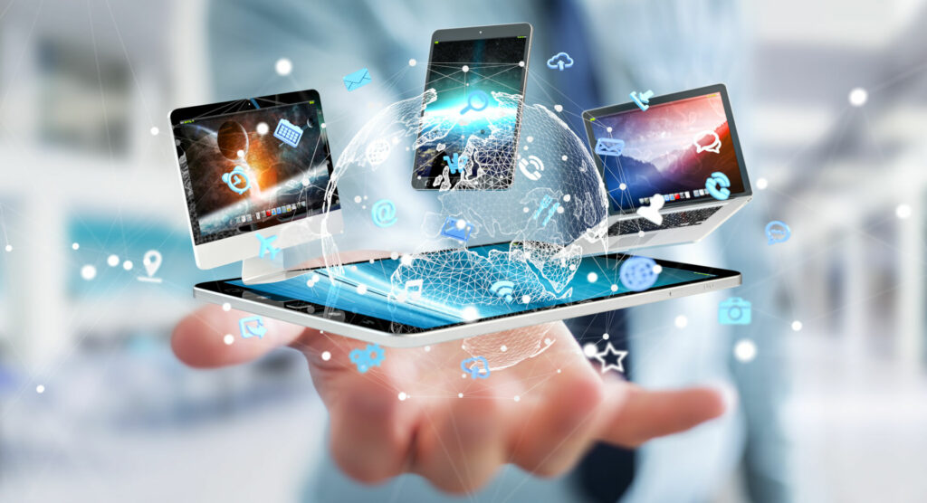 photo : Businessman connecting tech devices to each other 3D rendering