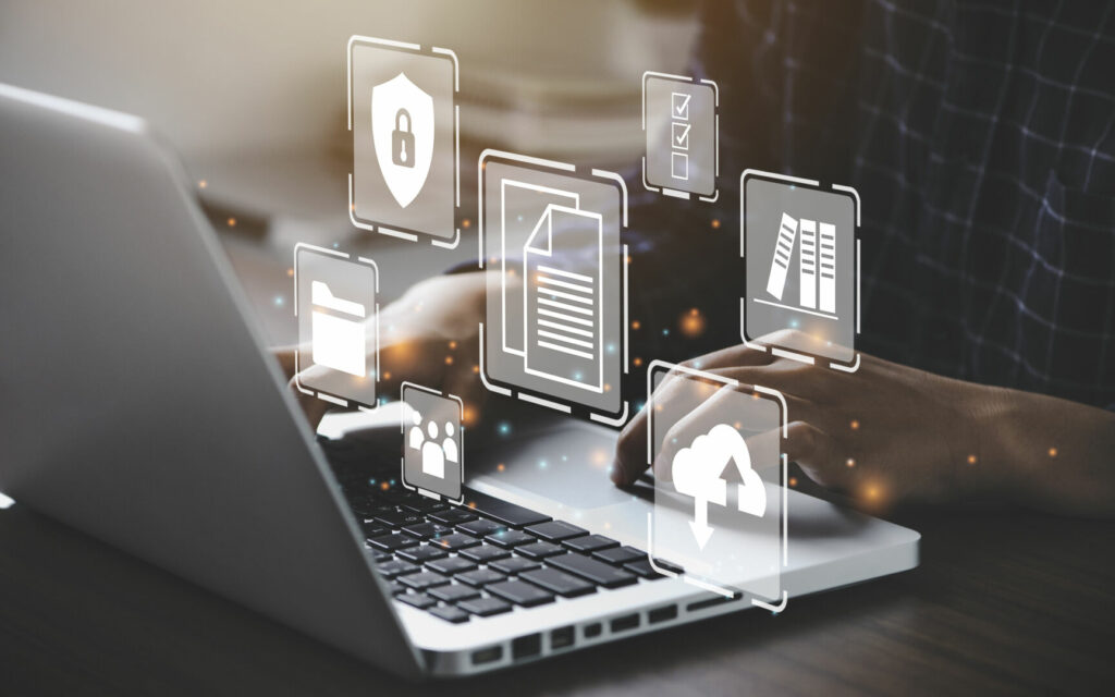 photo : Businessman using a computer to document management concept, onl