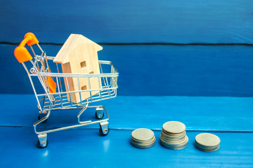 photo : Property investment and house mortgage financial concept. buying, renting and selling apartments. real estate. Wooden house in a Supermarket trolley. credit, affordable housing for young families.