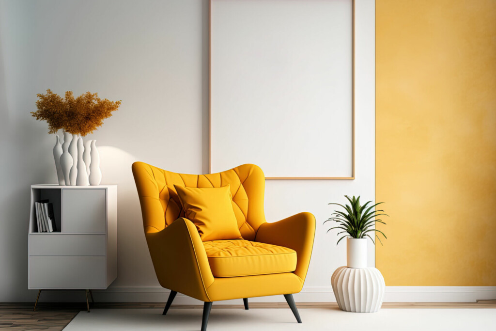 photo : Warm toned living room interior wall mockup with a yellow armchair and a background of a white wall. Generative AI