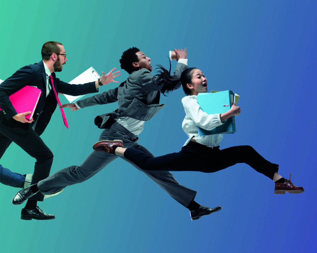 photo : Happy office workers jumping and dancing in casual clothes or suit on gradient neon fluid background. Flyer with copyspace