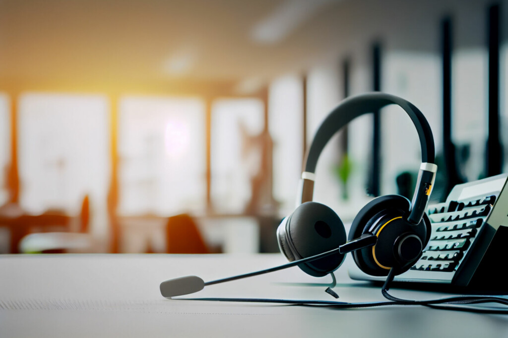 photo : Nahaufnahme von einem Kopfhörer für die Call-Center-Hotline am