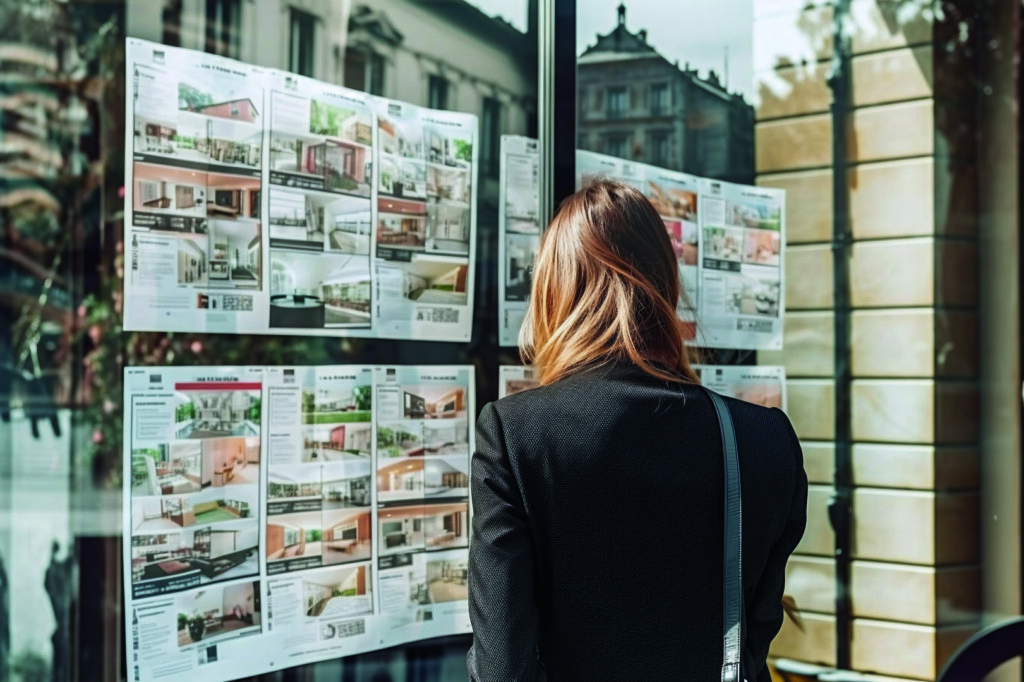 photo : Vue de dos d'une femme observant des annonces immobilières dans