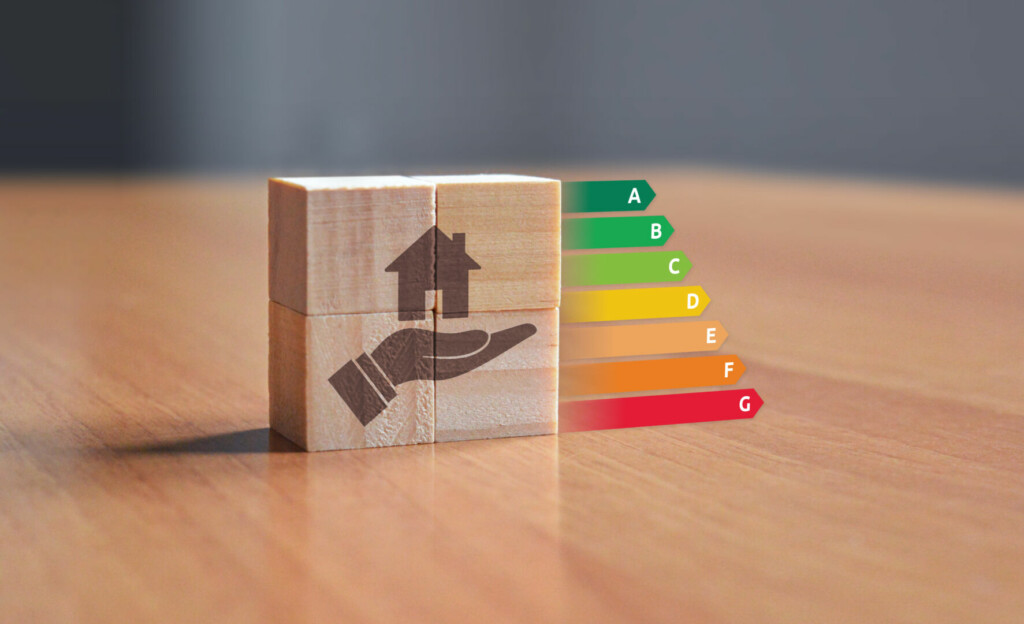 photo : EPC energy performance certificate illustration with wooden blocks displaying save energy symbol with energy ratings from A to F