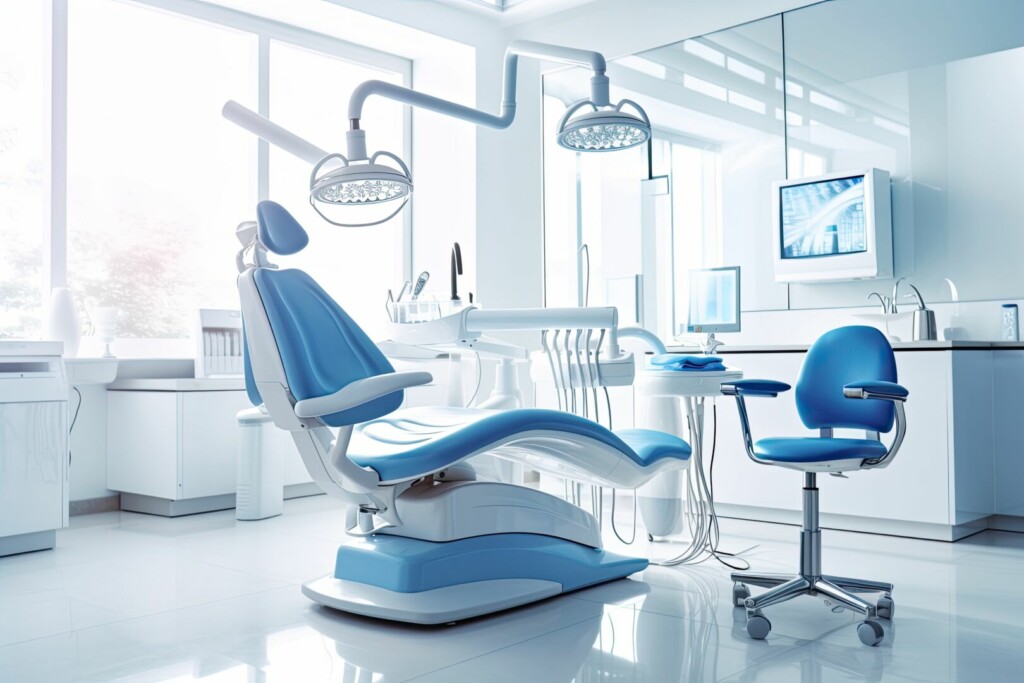 photo : Modern Dental Clinic, Dentist chair and other accessories used by dentists in blue medical light. Image generated by AI