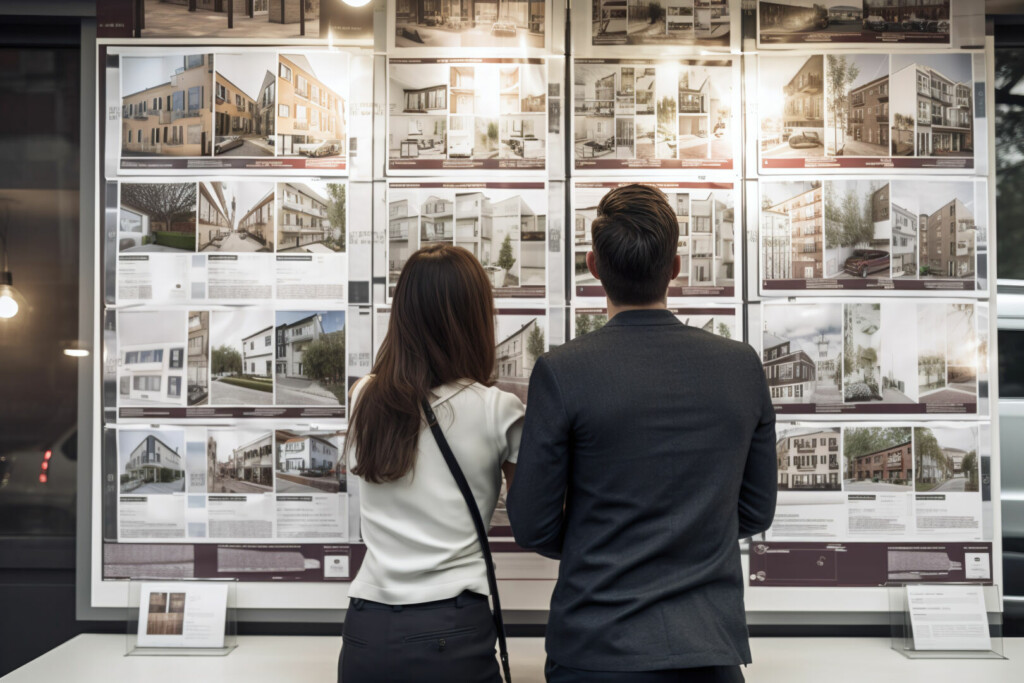 photo : Vue de dos d'un couple devant une agence immobilière » IA générative