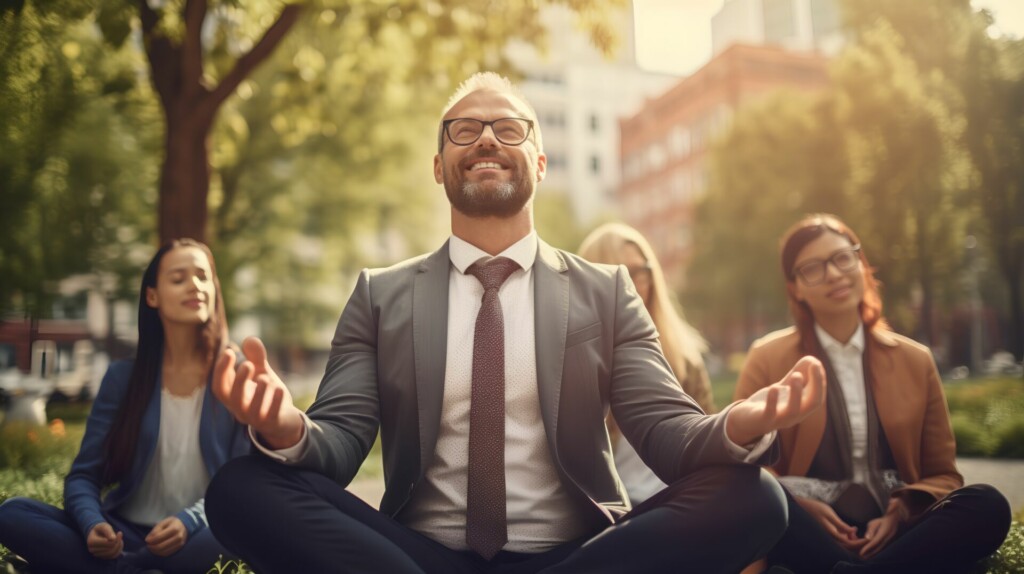 photo : Businessman meditating in urban city business park with calm leadership and professional mental attitude. State of tranquility, demonstrating mindfulness and healthy balance in corporate environment.